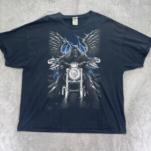 Vintage Y2K Gildan T-Shirt Mens 3XL Black Grim Reaper Biker Angel Wings Graphic